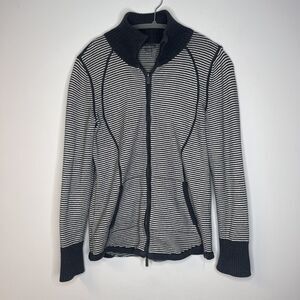 Eddie Bauer Grey White Striped Knit Zip Up Jacket size medium